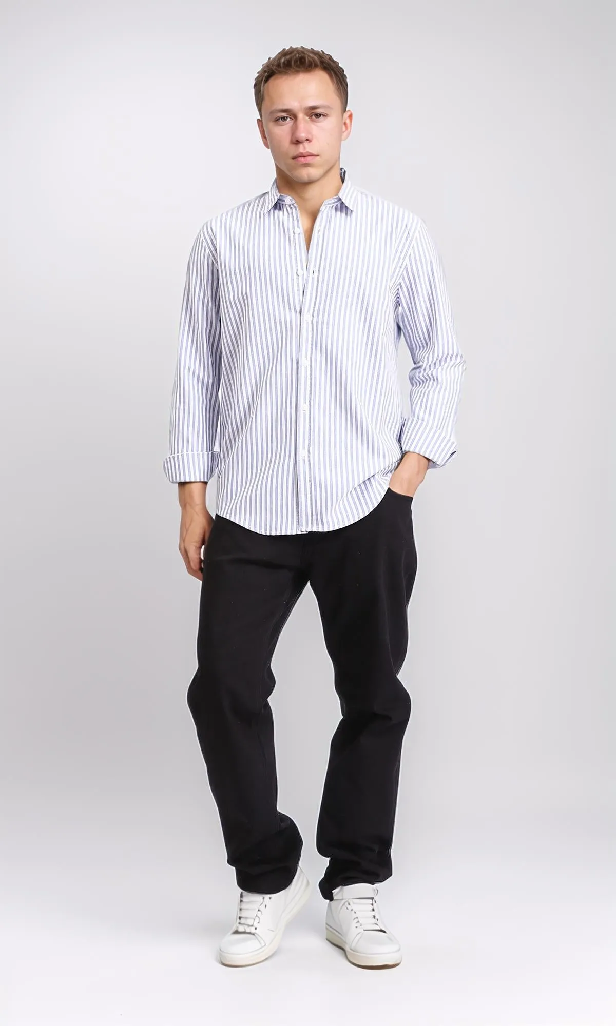 R206959 - Elegant Striped Long Sleeves Shirt - Navy Blue & White