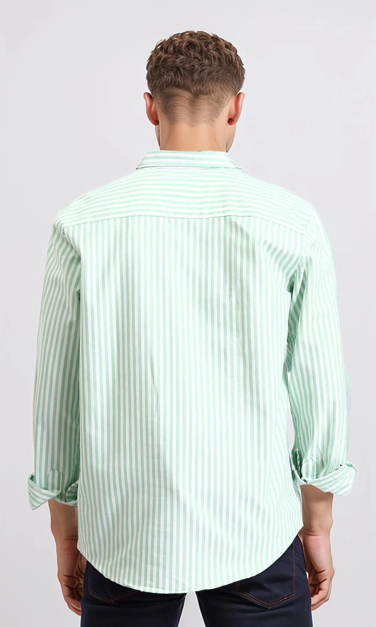 R206960 - Elegant Striped Long Sleeves Shirt - Light Green & White