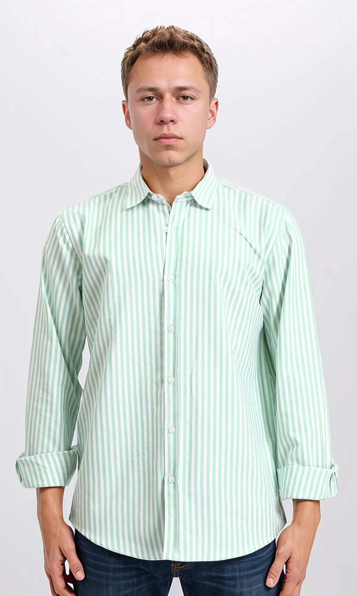 R206960 - Elegant Striped Long Sleeves Shirt - Light Green & White