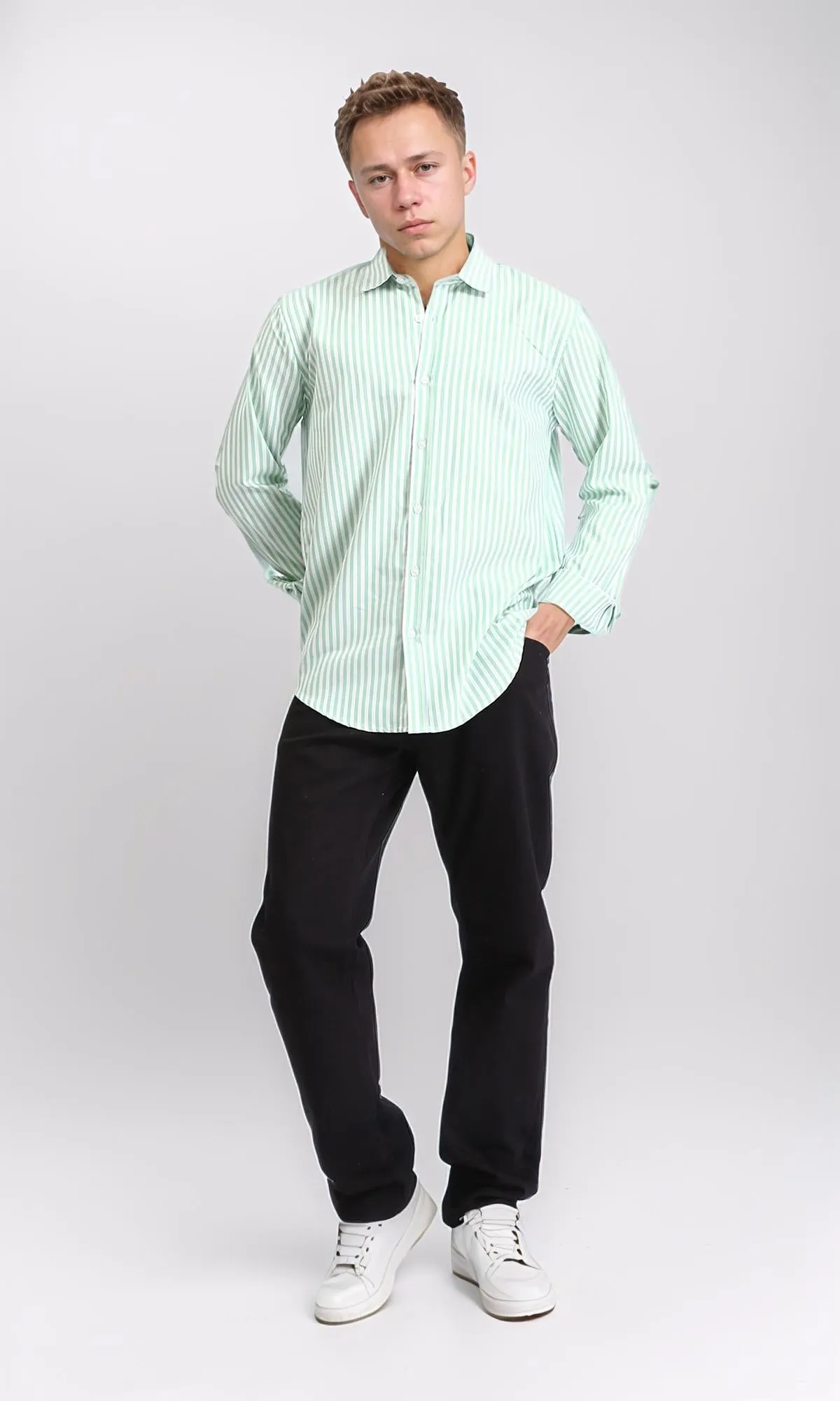 R206960 - Elegant Striped Long Sleeves Shirt - Light Green & White