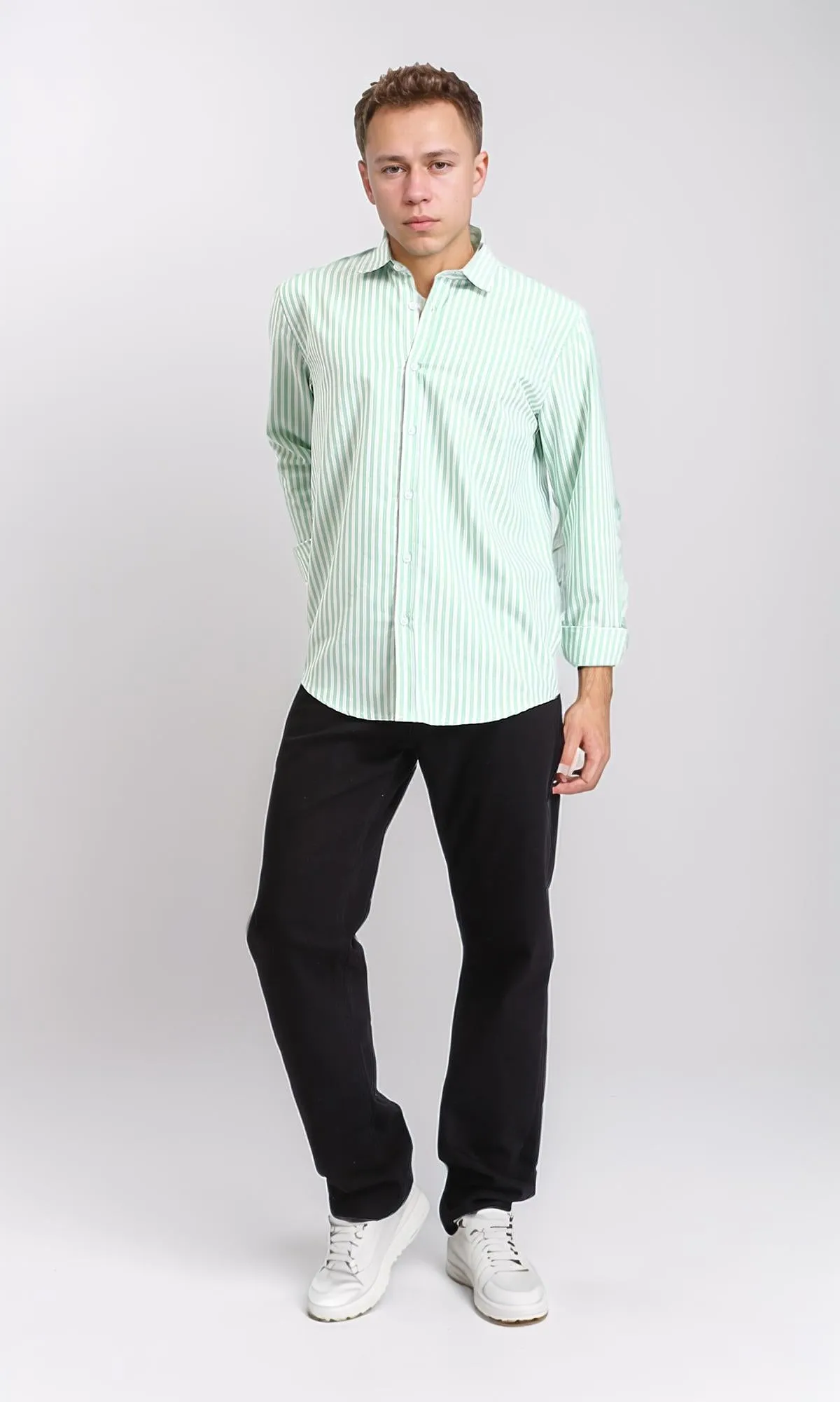 R206960 - Elegant Striped Long Sleeves Shirt - Light Green & White