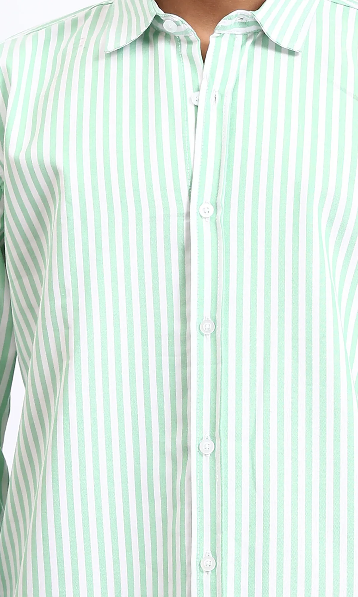 R206960 - Elegant Striped Long Sleeves Shirt - Light Green & White