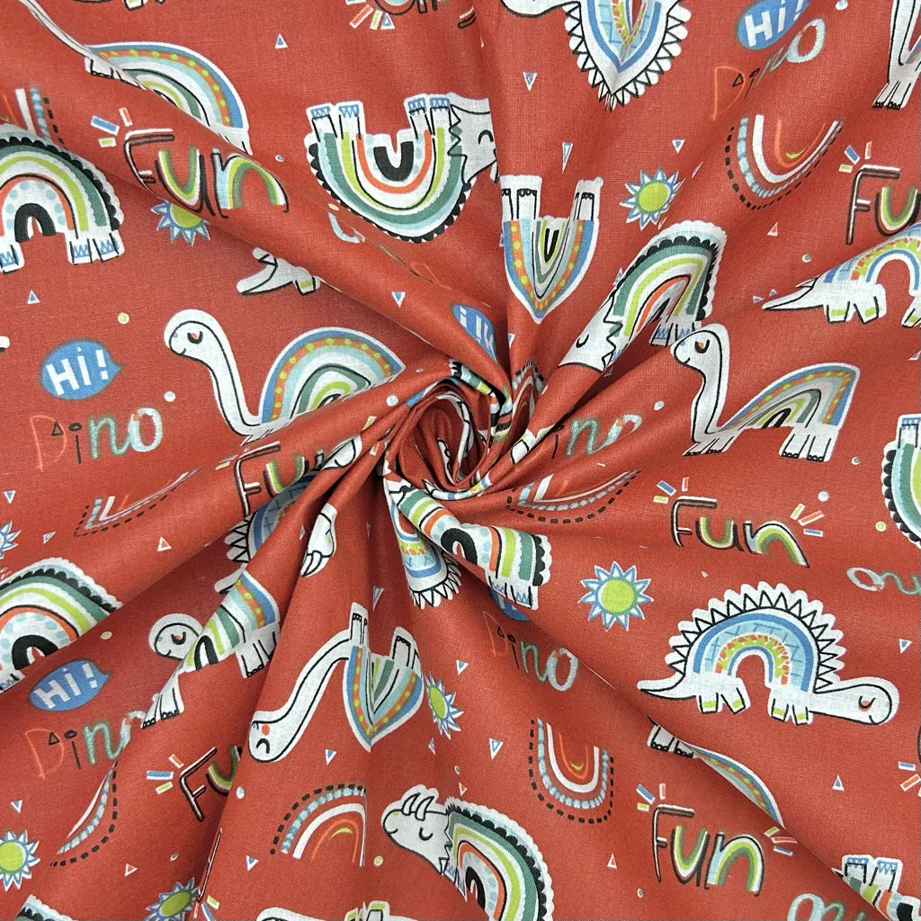 Rainbow Dino Fun Cotton Poplin Fabric
