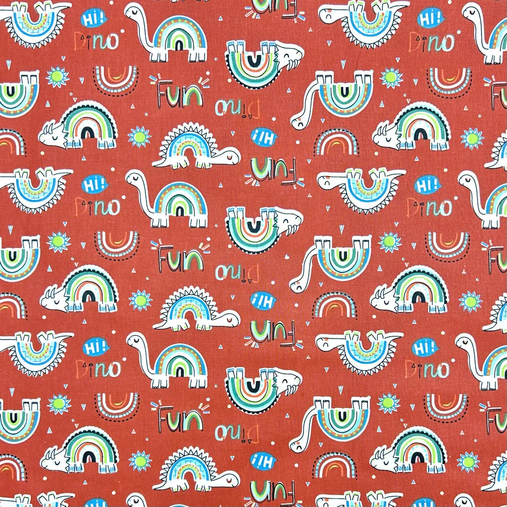 Rainbow Dino Fun Cotton Poplin Fabric