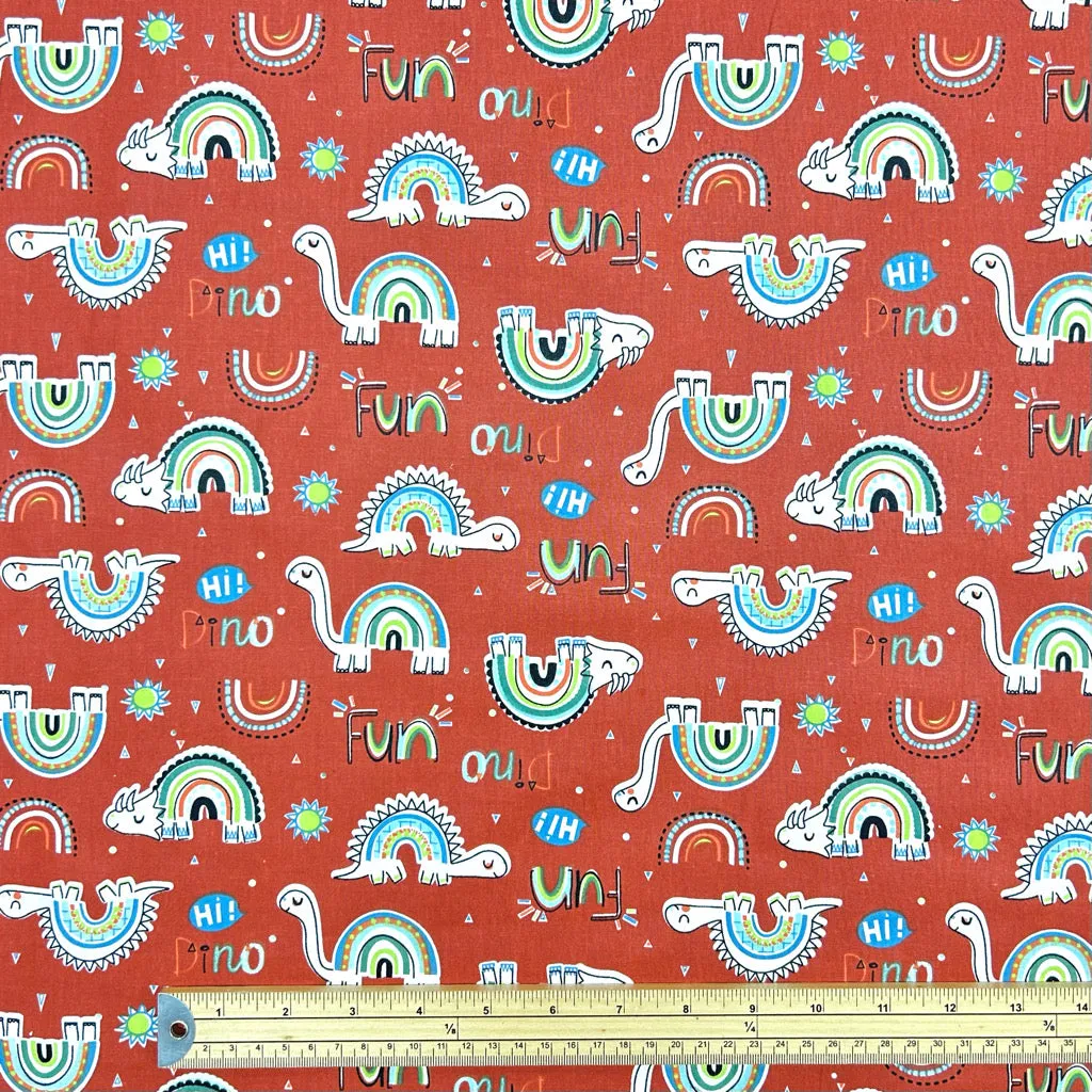 Rainbow Dino Fun Cotton Poplin Fabric