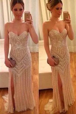 Real Beautiful Long Front Split Sweetheart Handmade Backless Prom Dresses PFP1132