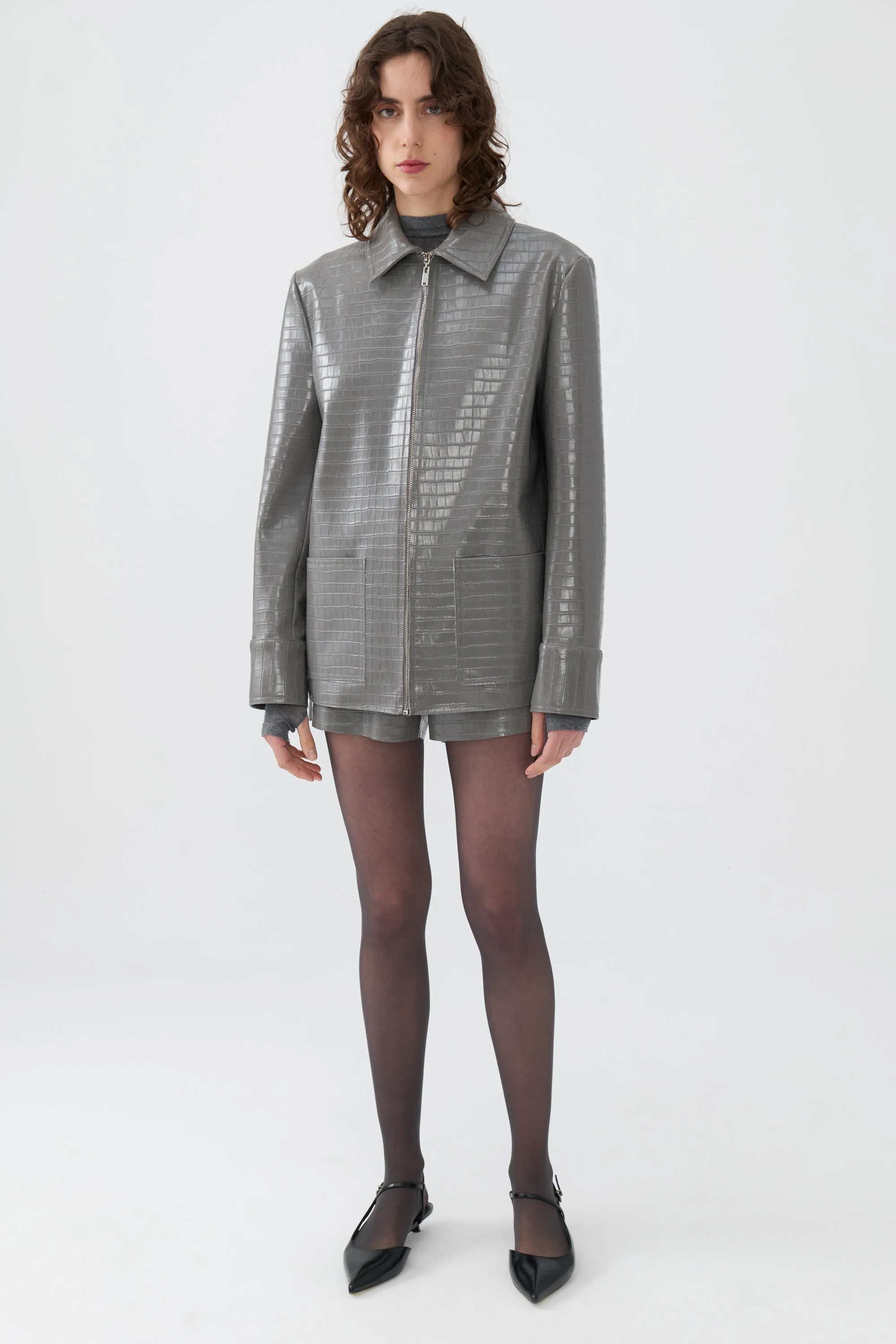Shirt Collar Faux Leather Jacket