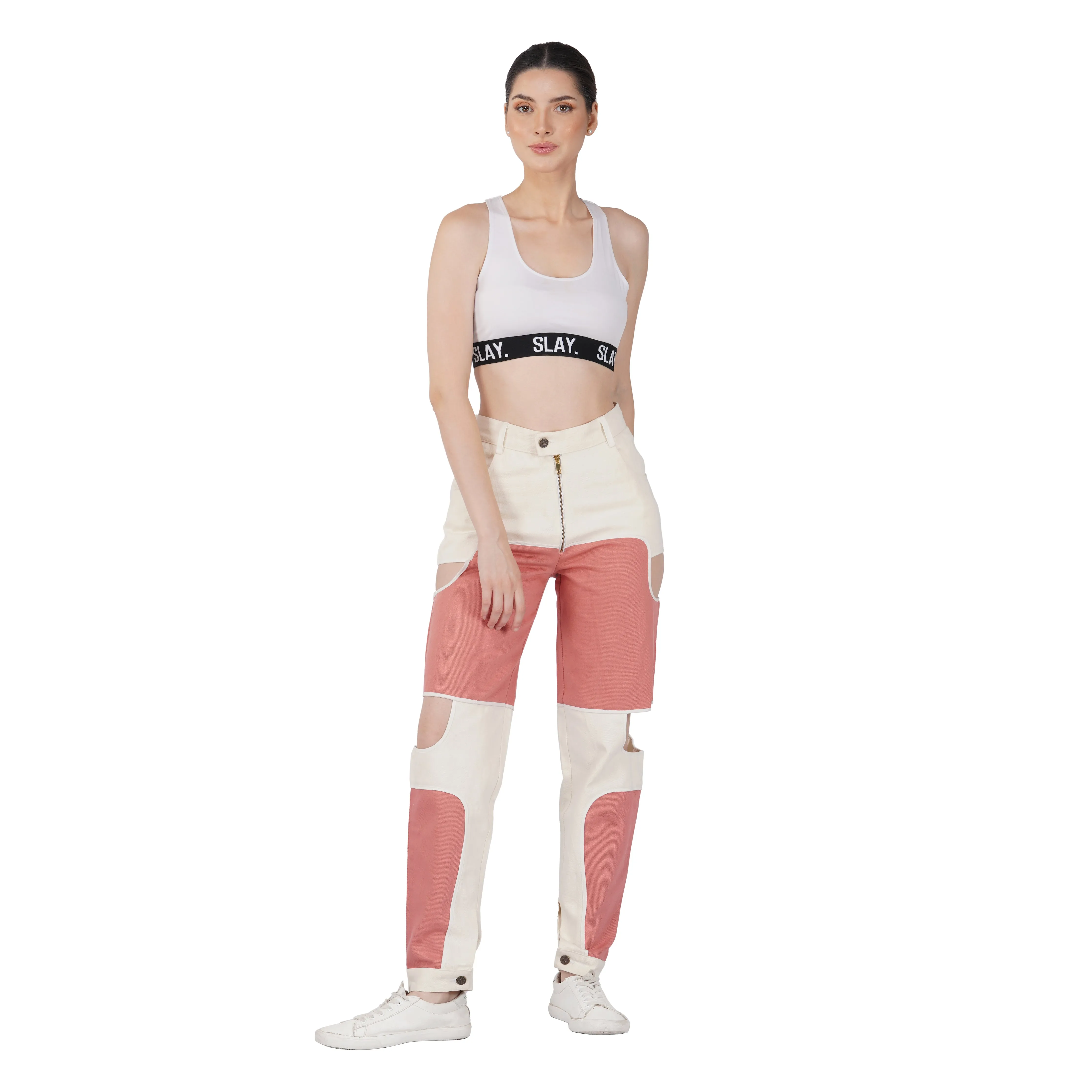 SLAY. Women's Pink & White Colorblock Denim Jacket Crop Top & Jeans Co-ord Set(3 Piece)