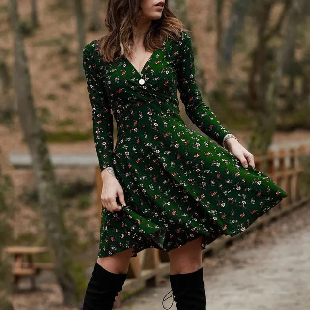 Summer Boho Floral Print Dress Women Long Sleeve Pleated V Neck Beach Mini Elegant Dress