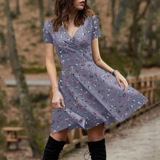 Summer Boho Floral Print Dress Women Long Sleeve Pleated V Neck Beach Mini Elegant Dress
