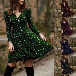 Summer Boho Floral Print Dress Women Long Sleeve Pleated V Neck Beach Mini Elegant Dress