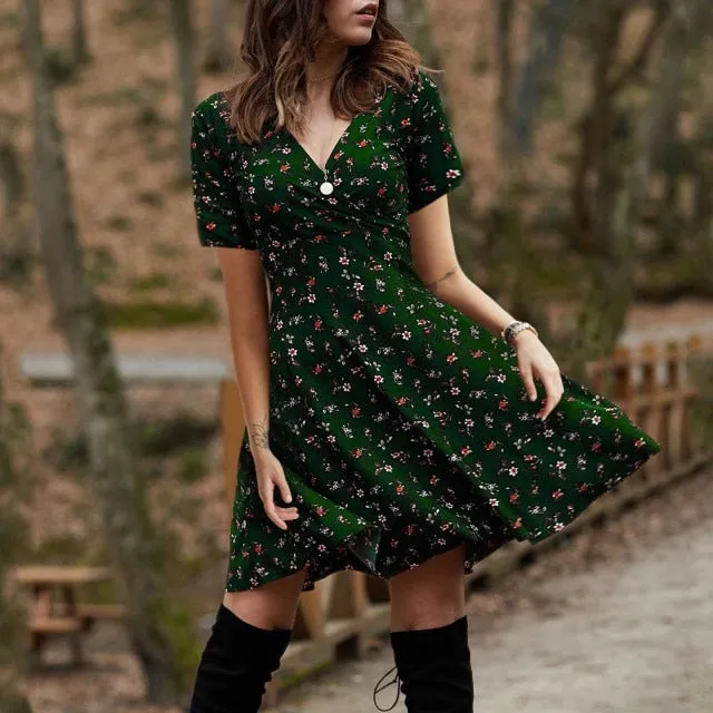 Summer Boho Floral Print Dress Women Long Sleeve Pleated V Neck Beach Mini Elegant Dress