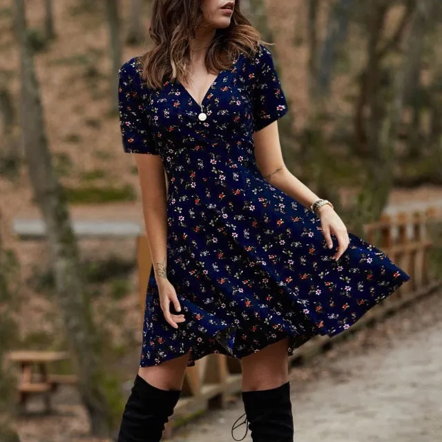 Summer Boho Floral Print Dress Women Long Sleeve Pleated V Neck Beach Mini Elegant Dress