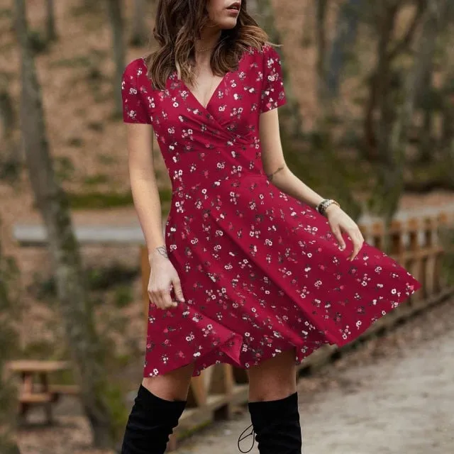Summer Boho Floral Print Dress Women Long Sleeve Pleated V Neck Beach Mini Elegant Dress