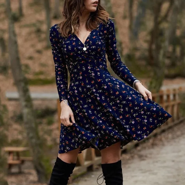 Summer Boho Floral Print Dress Women Long Sleeve Pleated V Neck Beach Mini Elegant Dress
