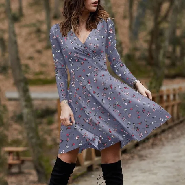Summer Boho Floral Print Dress Women Long Sleeve Pleated V Neck Beach Mini Elegant Dress