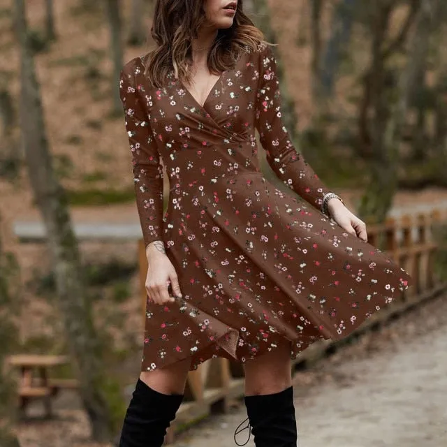 Summer Boho Floral Print Dress Women Long Sleeve Pleated V Neck Beach Mini Elegant Dress