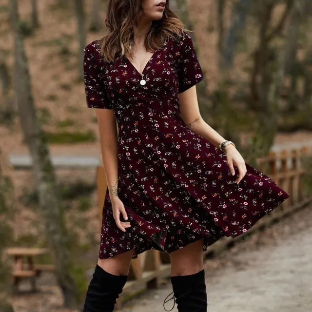 Summer Boho Floral Print Dress Women Long Sleeve Pleated V Neck Beach Mini Elegant Dress