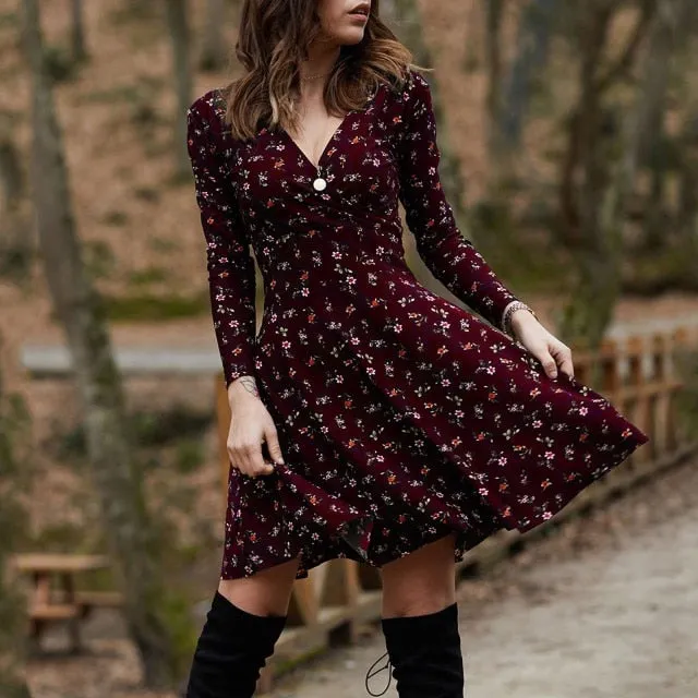 Summer Boho Floral Print Dress Women Long Sleeve Pleated V Neck Beach Mini Elegant Dress