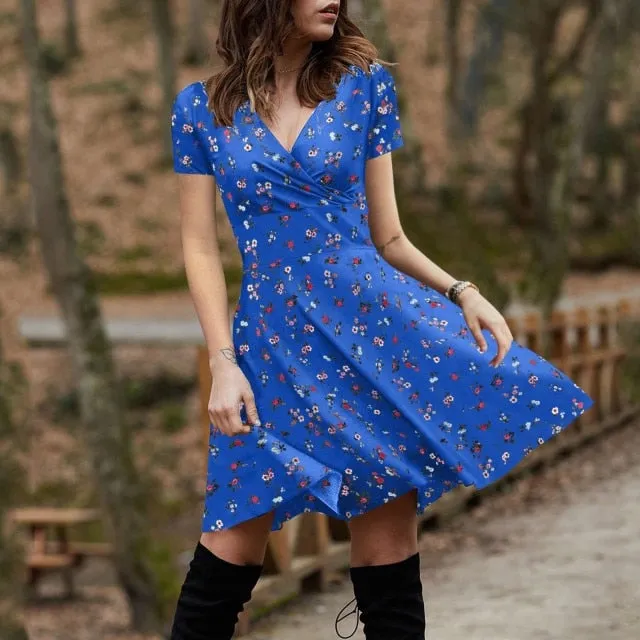 Summer Boho Floral Print Dress Women Long Sleeve Pleated V Neck Beach Mini Elegant Dress