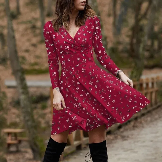 Summer Boho Floral Print Dress Women Long Sleeve Pleated V Neck Beach Mini Elegant Dress