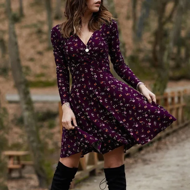 Summer Boho Floral Print Dress Women Long Sleeve Pleated V Neck Beach Mini Elegant Dress