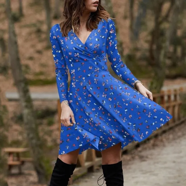 Summer Boho Floral Print Dress Women Long Sleeve Pleated V Neck Beach Mini Elegant Dress