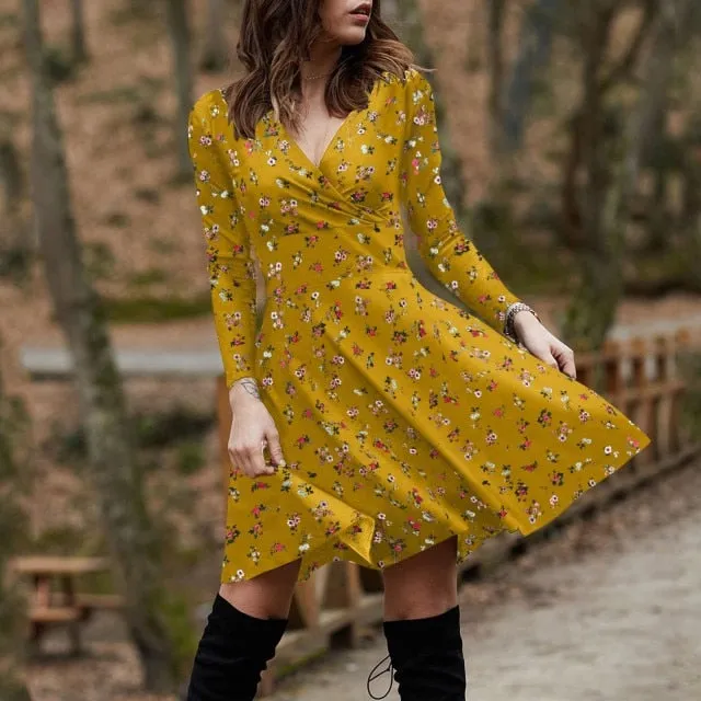 Summer Boho Floral Print Dress Women Long Sleeve Pleated V Neck Beach Mini Elegant Dress