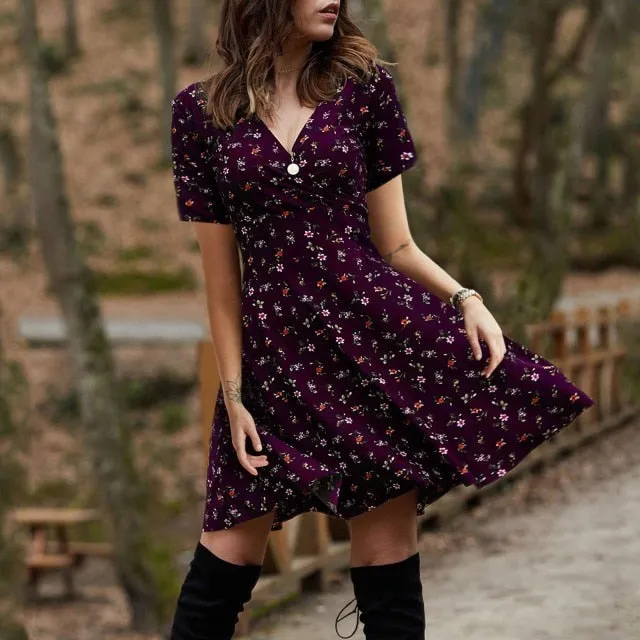 Summer Boho Floral Print Dress Women Long Sleeve Pleated V Neck Beach Mini Elegant Dress