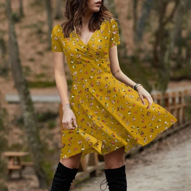 Summer Boho Floral Print Dress Women Long Sleeve Pleated V Neck Beach Mini Elegant Dress