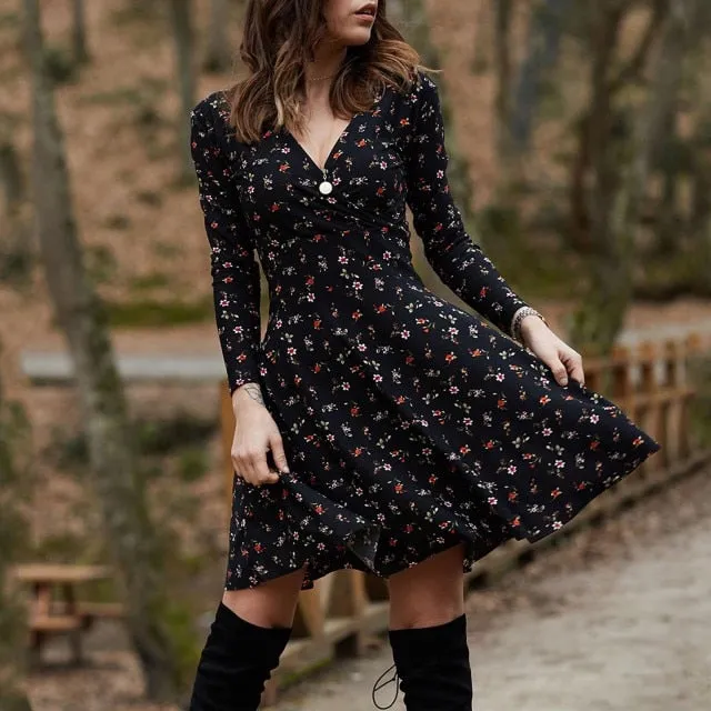 Summer Boho Floral Print Dress Women Long Sleeve Pleated V Neck Beach Mini Elegant Dress
