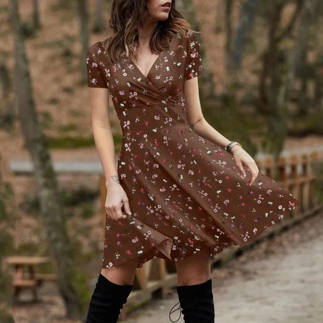 Summer Boho Floral Print Dress Women Long Sleeve Pleated V Neck Beach Mini Elegant Dress