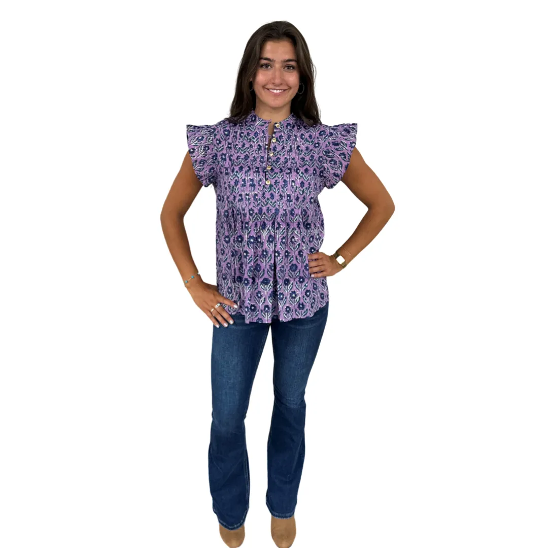 The Ava Button Front Flutter Sleeve Top in Lavender and Blue Hand Blocked Floral