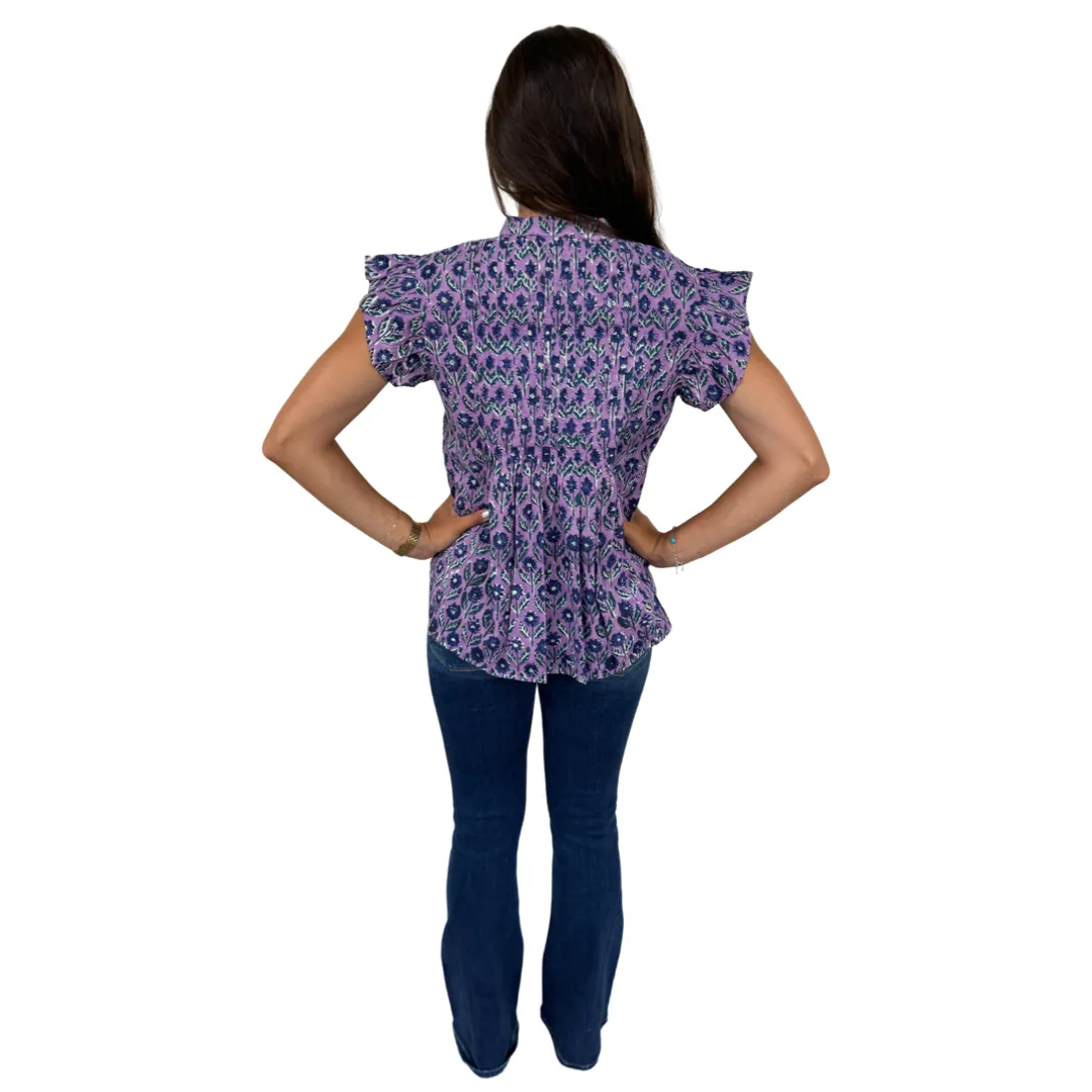 The Ava Button Front Flutter Sleeve Top in Lavender and Blue Hand Blocked Floral