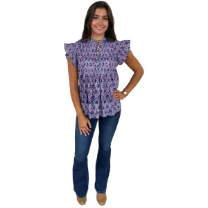 The Ava Button Front Flutter Sleeve Top in Lavender and Blue Hand Blocked Floral
