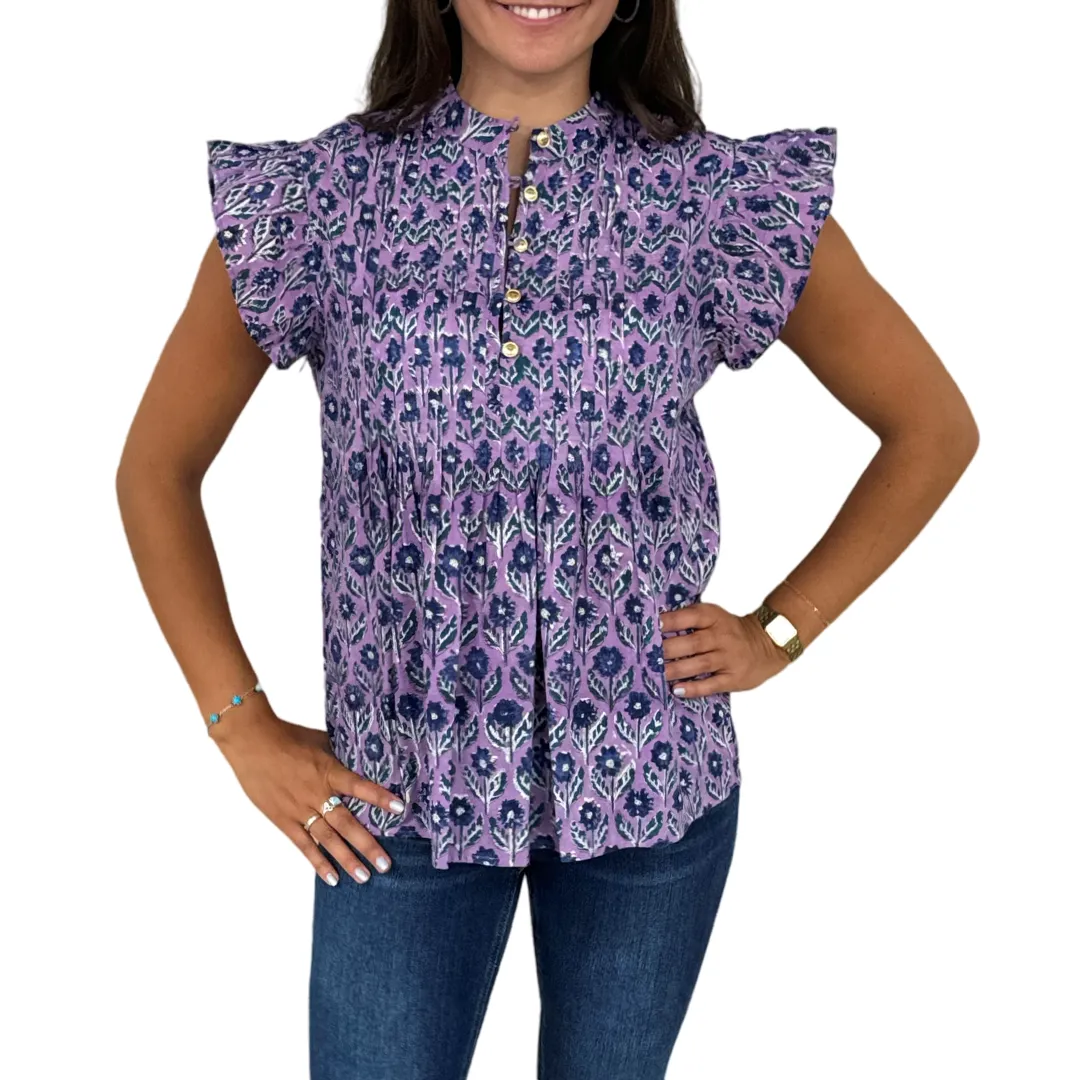 The Ava Button Front Flutter Sleeve Top in Lavender and Blue Hand Blocked Floral