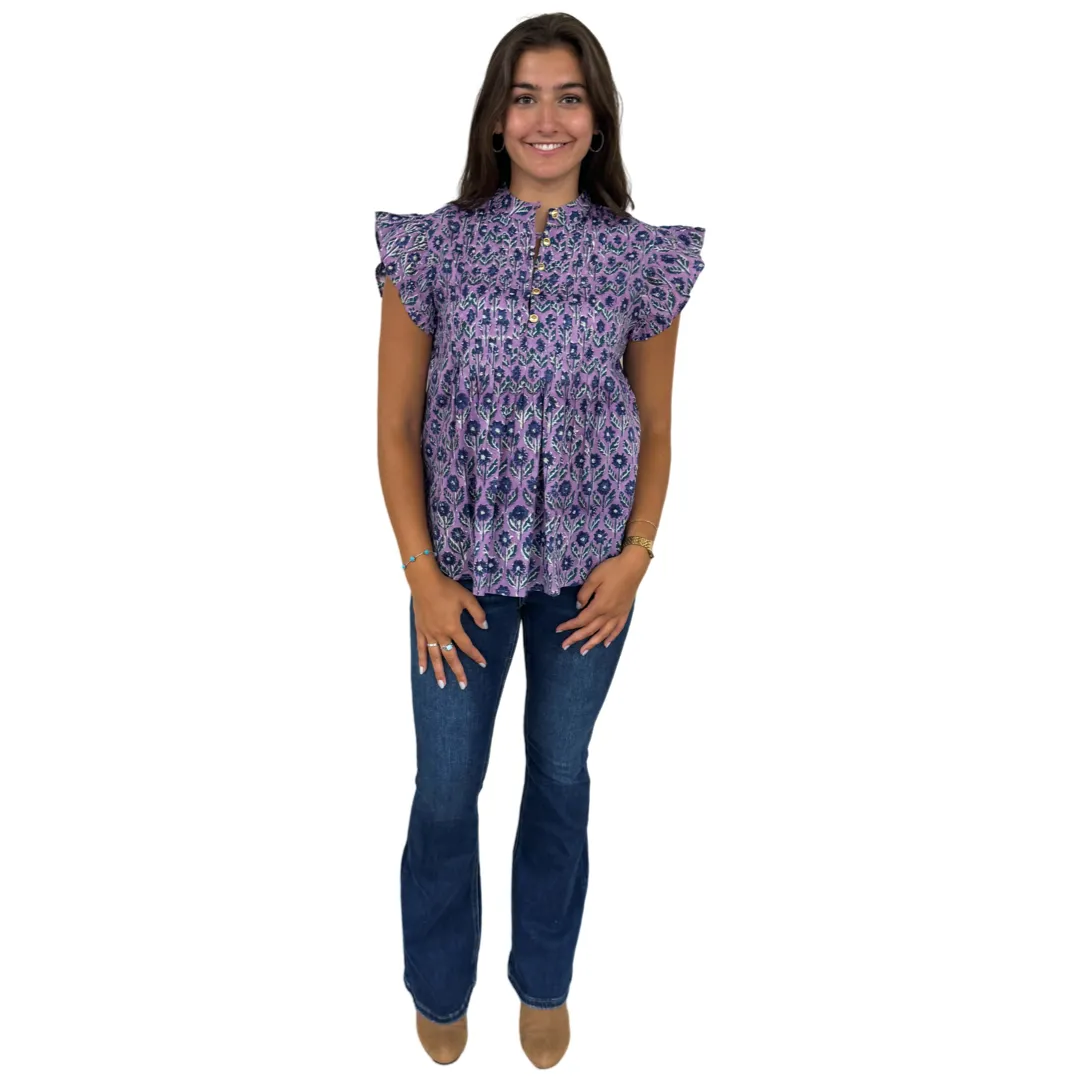 The Ava Button Front Flutter Sleeve Top in Lavender and Blue Hand Blocked Floral