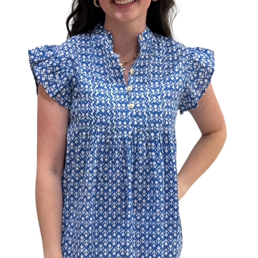 The Ava Pin Tuck Flutter Sleeve Top in Ocean Blue and White Floral