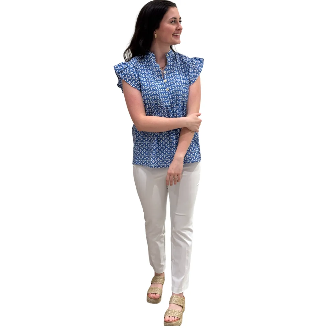 The Ava Pin Tuck Flutter Sleeve Top in Ocean Blue and White Floral