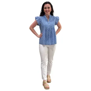 The Ava Pin Tuck Flutter Sleeve Top in Ocean Blue and White Floral