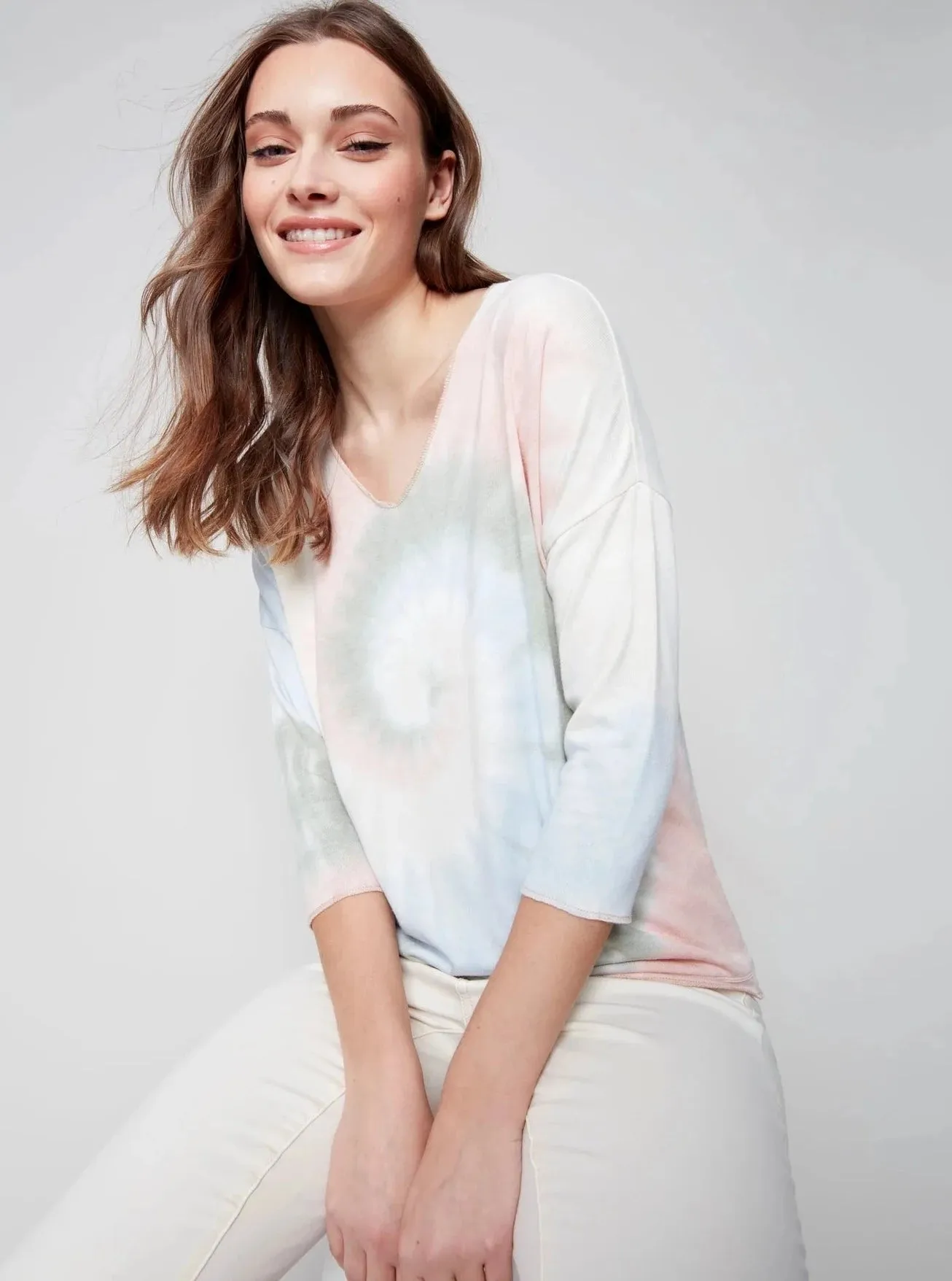 Tie Dye Long Sleeve V-Neck Top [Celadon-C1264T]