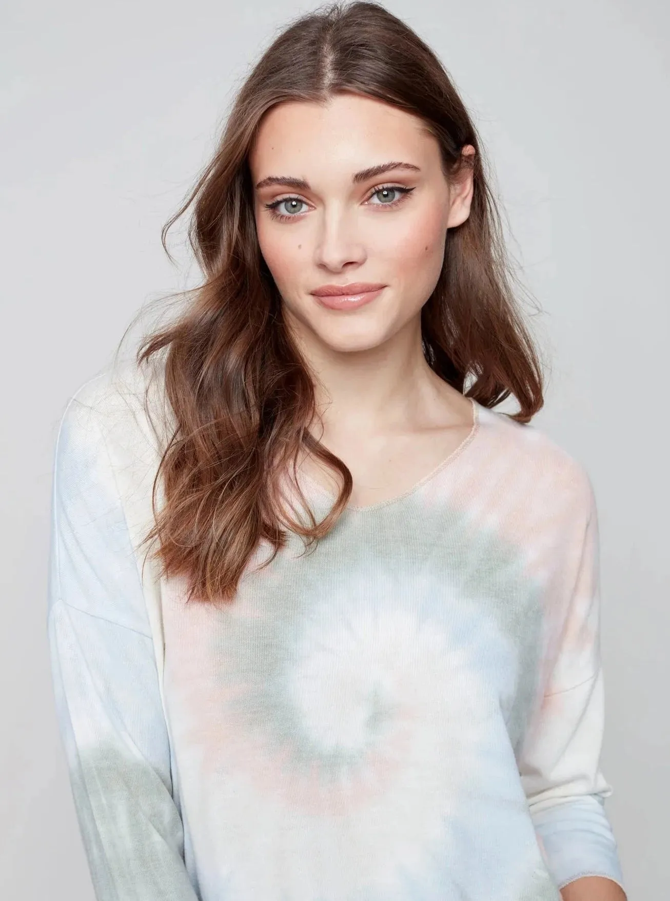 Tie Dye Long Sleeve V-Neck Top [Celadon-C1264T]