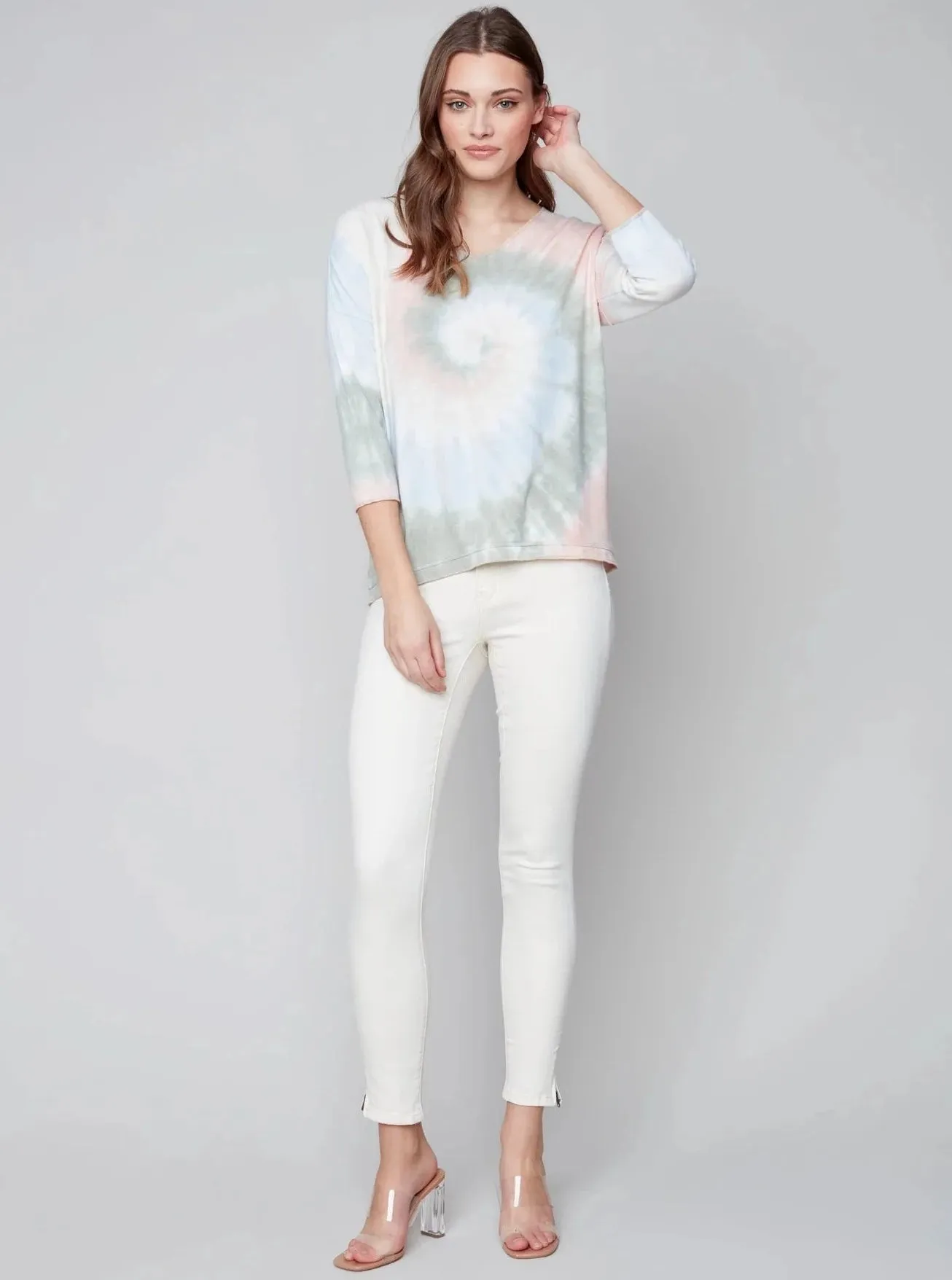 Tie Dye Long Sleeve V-Neck Top [Celadon-C1264T]