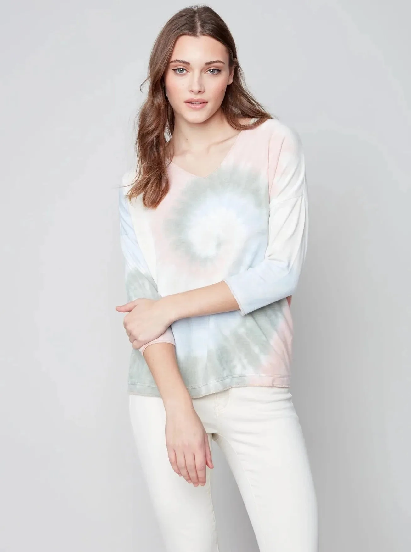 Tie Dye Long Sleeve V-Neck Top [Celadon-C1264T]