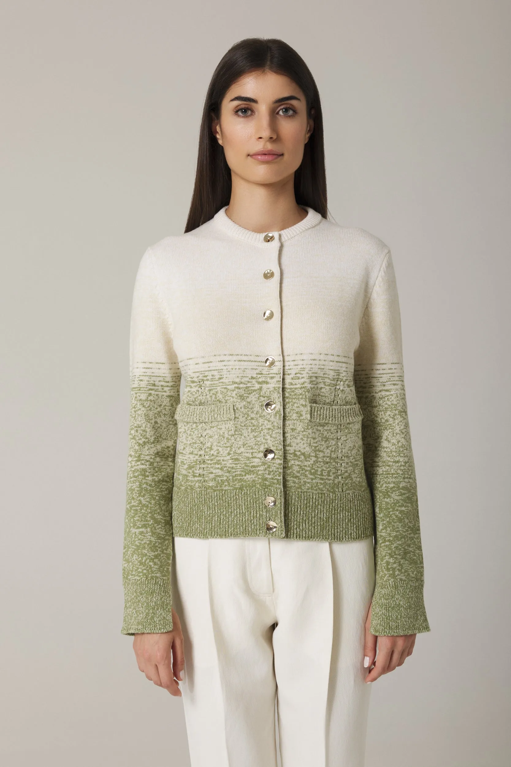 UNA OMBRÉ CARDIGAN WITH GOLD BUTTONS IN OLIVE COMBO
