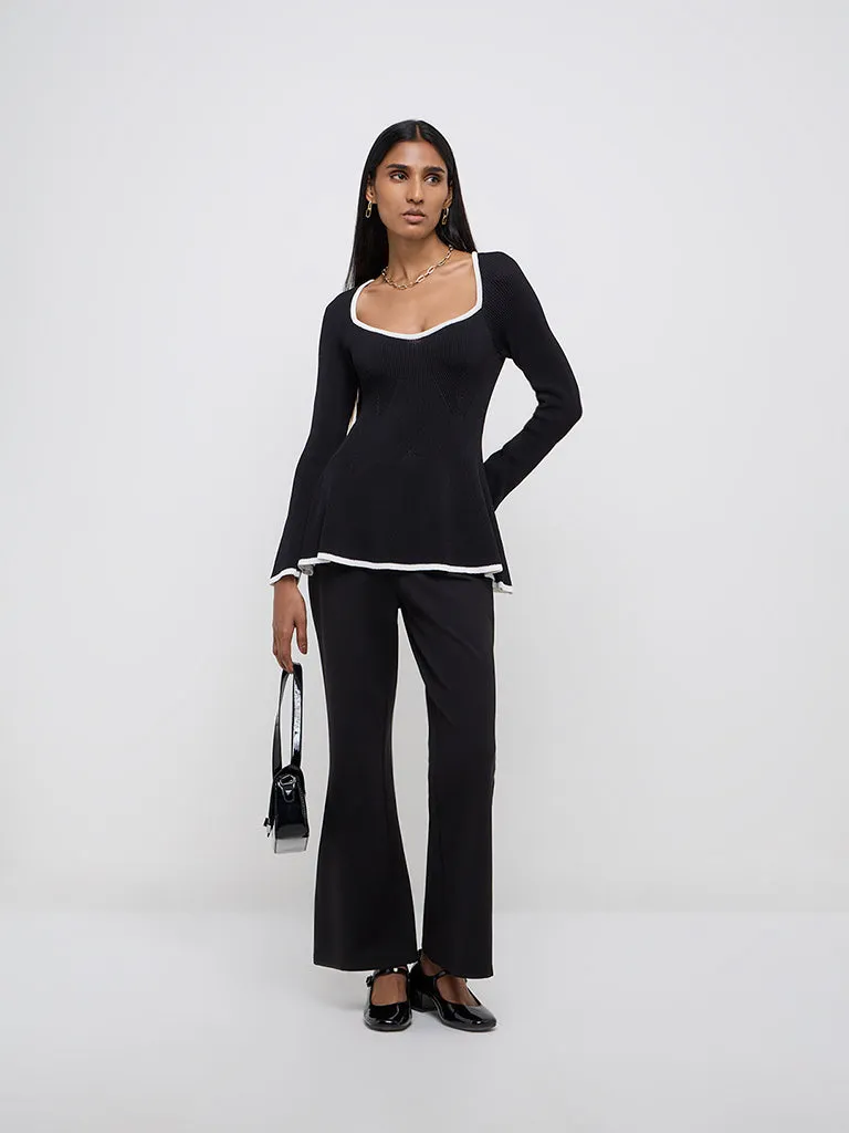 Wardrobe Black Ribbed Textured Flared Top