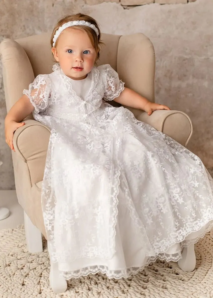 WHITE Christening Gown with Removable Lace (Diana)