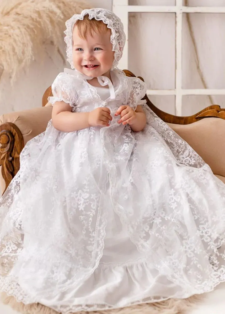 WHITE Christening Gown with Removable Lace (Diana)