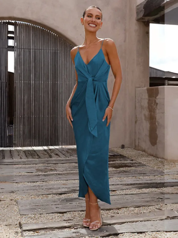 Women's suspender knotted elegant satin dress