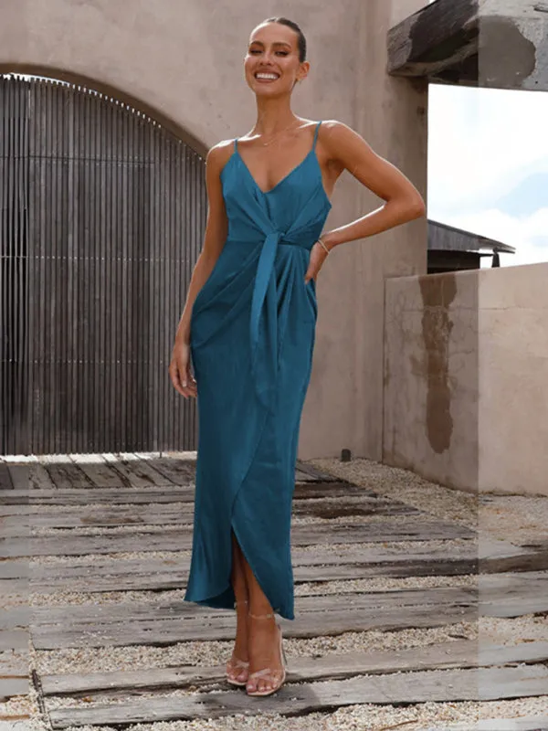 Women's suspender knotted elegant satin dress
